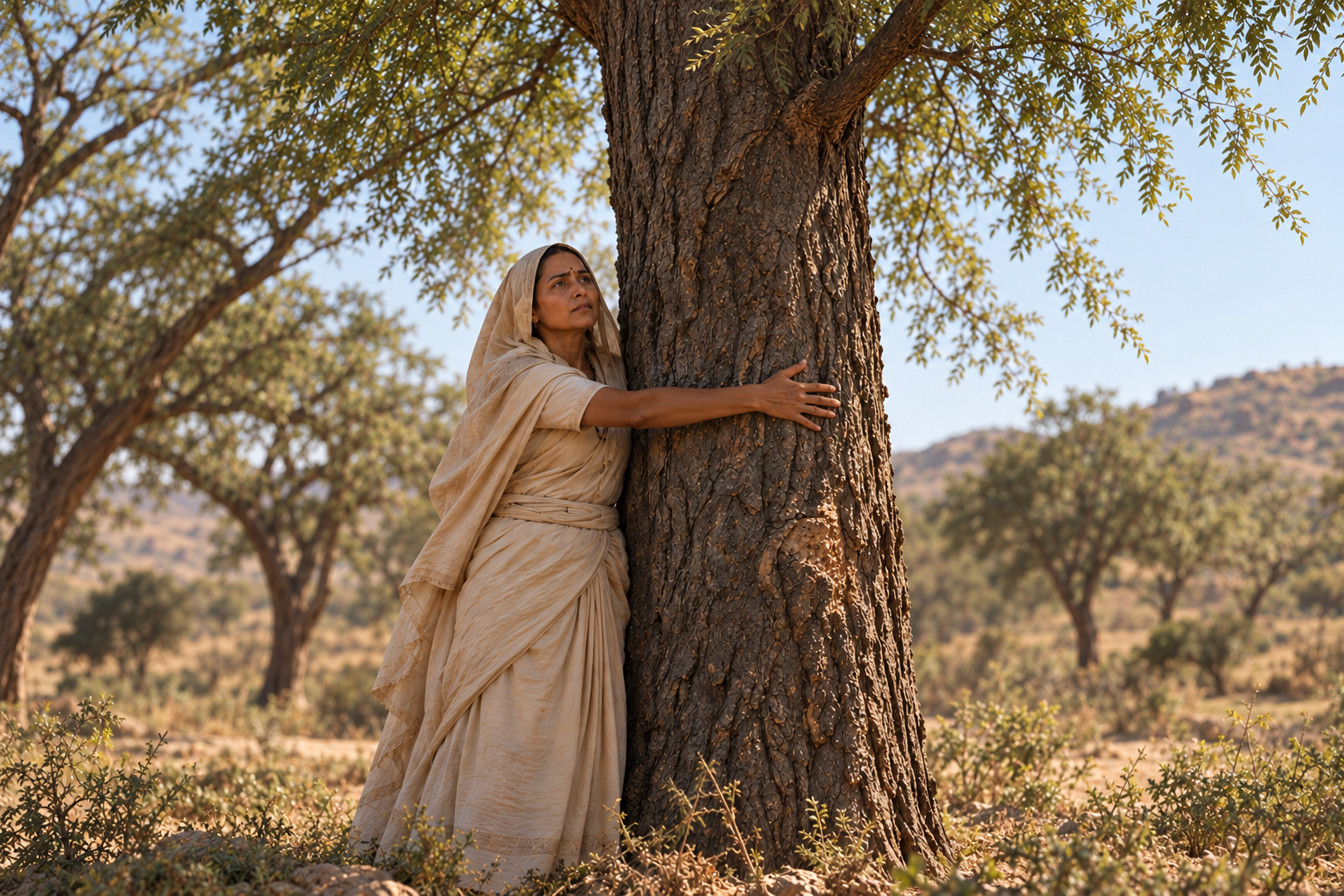 A woman in a pale sari holding on to the trunk of a khejri tree in open scrub.